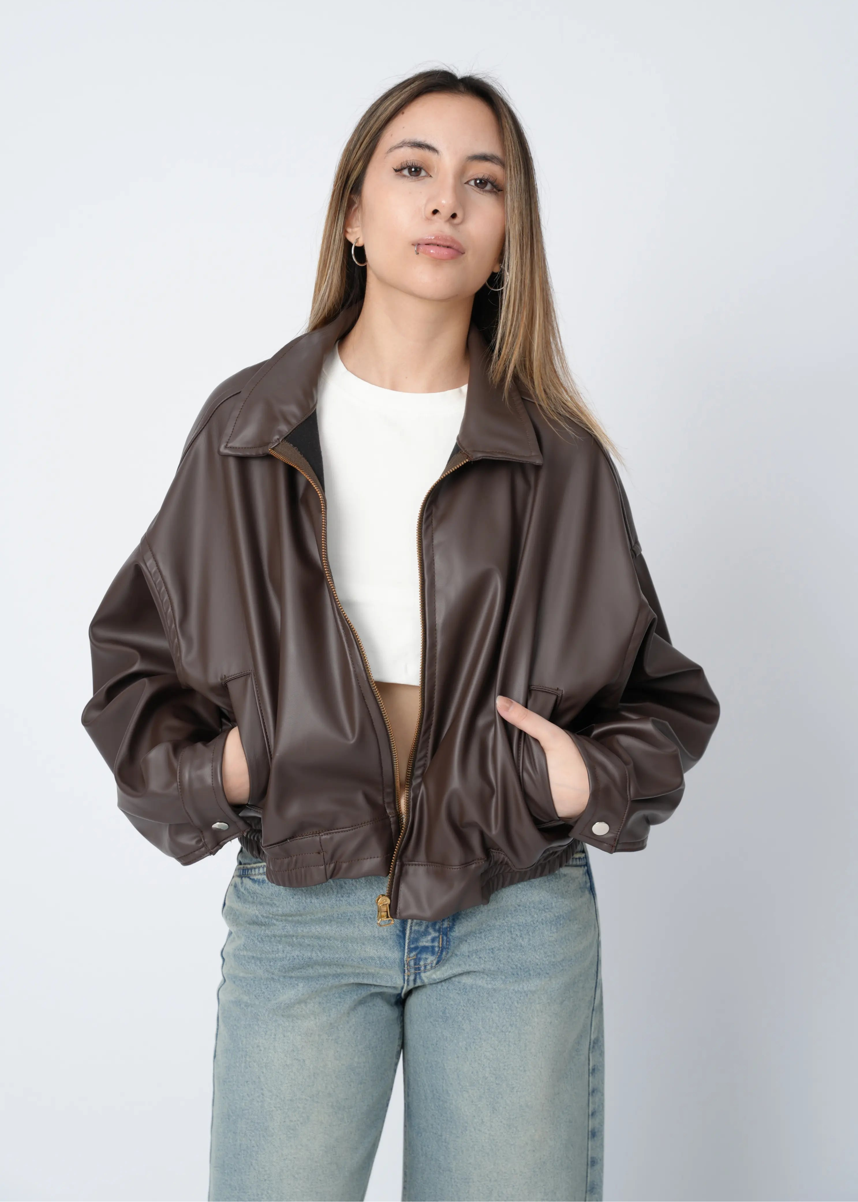 CASACA BOMBER CUERINA - MARRÓN